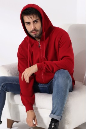 Şardonlu Kapüşonlu Fermuarlı Sweatshirt 19195 BORDO