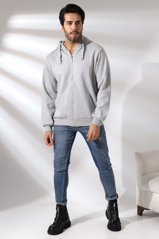 Şardonlu Kapüşonlu Fermuarlı Sweatshirt 19195 GRİMELANJ