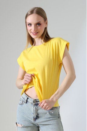 %100 Pamuk Bisiklet Yaka Düşük Kol Basic Kadın T-Shirt 21979 AÇIK SARI