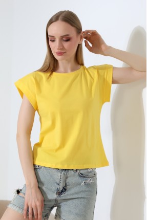 %100 Pamuk Bisiklet Yaka Düşük Kol Basic Kadın T-Shirt 21979 AÇIK SARI