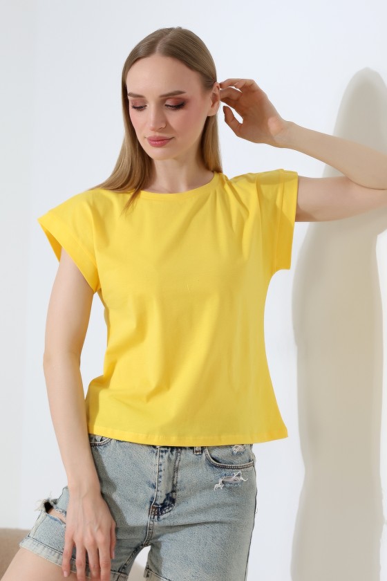 %100 Pamuk Bisiklet Yaka Düşük Kol Basic Kadın T-Shirt 21979 AÇIK SARI