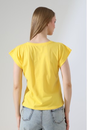 %100 Pamuk Bisiklet Yaka Düşük Kol Basic Kadın T-Shirt 21979 AÇIK SARI