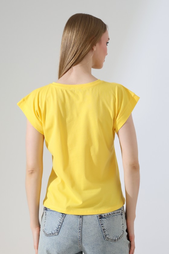 %100 Pamuk Bisiklet Yaka Düşük Kol Basic Kadın T-Shirt 21979 AÇIK SARI