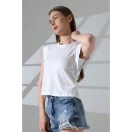 %100 Pamuk Bisiklet Yaka Kolsuz Geniş Kol İşlemeli Kadın T-Shirt 21572 BEYAZ