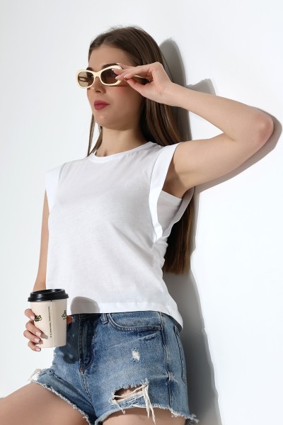 %100 Pamuk Bisiklet Yaka Kolsuz Geniş Kol İşlemeli Kadın T-Shirt 21572 BEYAZ