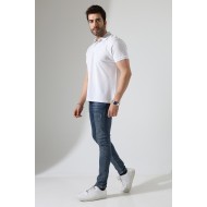 %100 Pamuk Regular Fit Dar Kesim Kısa Kollu Polo Yaka T-Shirt 21844 BEYAZ