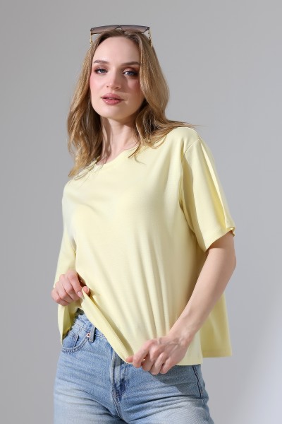 %100 Pamuk Ribana Kumaş Bisiklet Yaka Kısa Kol Oversize Basic Düz Kadın T-Shirt 21964 AÇIK SARI