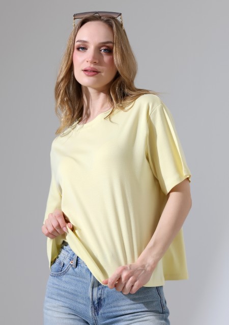%100 Pamuk Ribana Kumaş Bisiklet Yaka Kısa Kol Oversize Basic Düz Kadın T-Shirt 21964 AÇIK SARI
