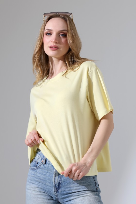 %100 Pamuk Ribana Kumaş Bisiklet Yaka Kısa Kol Oversize Basic Düz Kadın T-Shirt 21964 AÇIK SARI