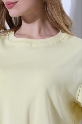 %100 Pamuk Ribana Kumaş Bisiklet Yaka Kısa Kol Oversize Basic Düz Kadın T-Shirt 21964 AÇIK SARI