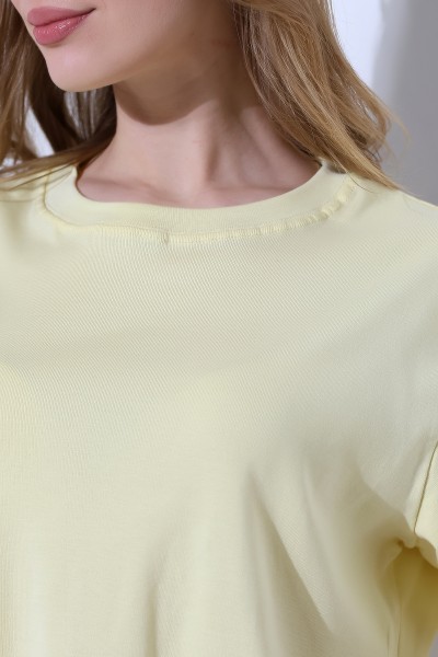 %100 Pamuk Ribana Kumaş Bisiklet Yaka Kısa Kol Oversize Basic Düz Kadın T-Shirt 21964 AÇIK SARI