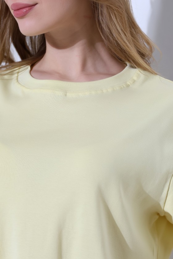 %100 Pamuk Ribana Kumaş Bisiklet Yaka Kısa Kol Oversize Basic Düz Kadın T-Shirt 21964 AÇIK SARI