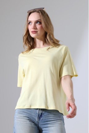 %100 Pamuk Ribana Kumaş Bisiklet Yaka Kısa Kol Oversize Basic Düz Kadın T-Shirt 21964 AÇIK SARI
