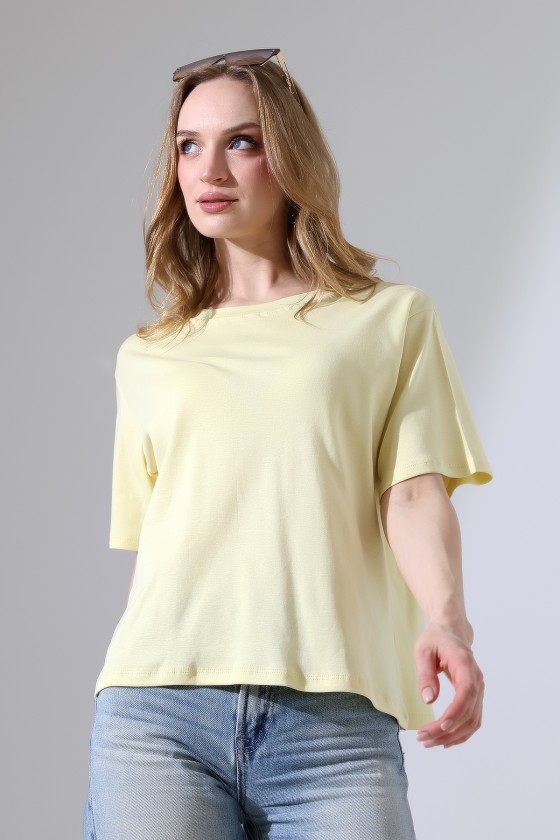 %100 Pamuk Ribana Kumaş Bisiklet Yaka Kısa Kol Oversize Basic Düz Kadın T-Shirt 21964 AÇIK SARI