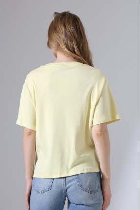 %100 Pamuk Ribana Kumaş Bisiklet Yaka Kısa Kol Oversize Basic Düz Kadın T-Shirt 21964 AÇIK SARI