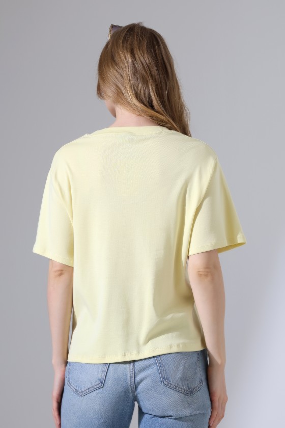 %100 Pamuk Ribana Kumaş Bisiklet Yaka Kısa Kol Oversize Basic Düz Kadın T-Shirt 21964 AÇIK SARI