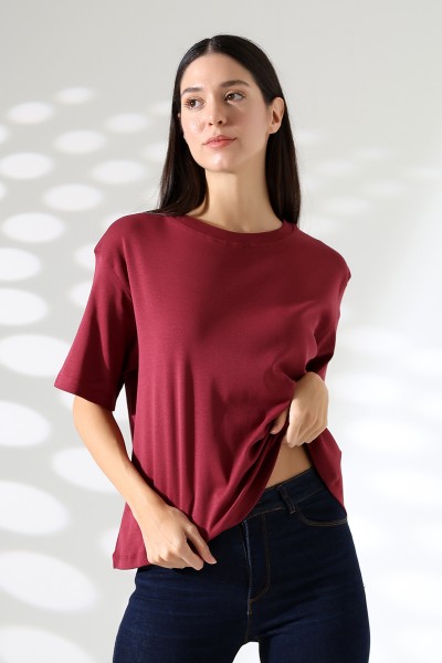 %100 Pamuk Ribana Kumaş Bisiklet Yaka Kısa Kol Oversize Basic Düz Kadın T-Shirt 21964 BORDO