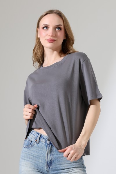 %100 Pamuk Ribana Kumaş Bisiklet Yaka Kısa Kol Oversize Basic Düz Kadın T-Shirt 21964 BOYALI GRİ