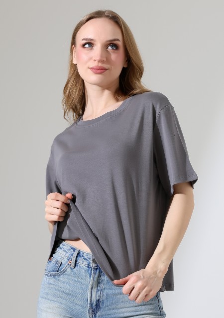 %100 Pamuk Ribana Kumaş Bisiklet Yaka Kısa Kol Oversize Basic Düz Kadın T-Shirt 21964 BOYALI GRİ