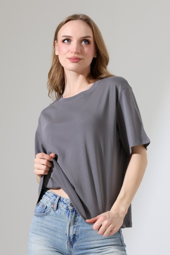 %100 Pamuk Ribana Kumaş Bisiklet Yaka Kısa Kol Oversize Basic Düz Kadın T-Shirt 21964 BOYALI GRİ