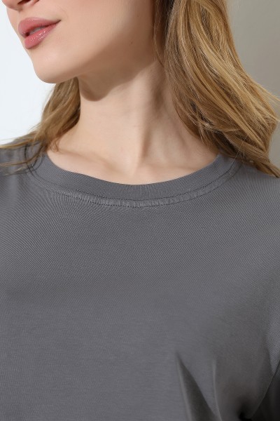 %100 Pamuk Ribana Kumaş Bisiklet Yaka Kısa Kol Oversize Basic Düz Kadın T-Shirt 21964 BOYALI GRİ