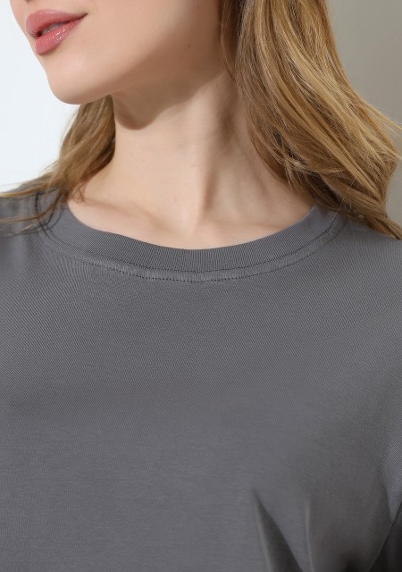 %100 Pamuk Ribana Kumaş Bisiklet Yaka Kısa Kol Oversize Basic Düz Kadın T-Shirt 21964 BOYALI GRİ