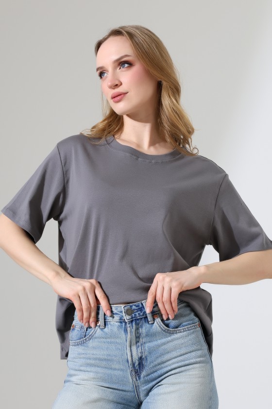 %100 Pamuk Ribana Kumaş Bisiklet Yaka Kısa Kol Oversize Basic Düz Kadın T-Shirt 21964 BOYALI GRİ