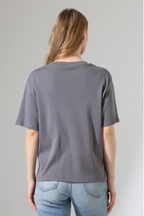 %100 Pamuk Ribana Kumaş Bisiklet Yaka Kısa Kol Oversize Basic Düz Kadın T-Shirt 21964 BOYALI GRİ
