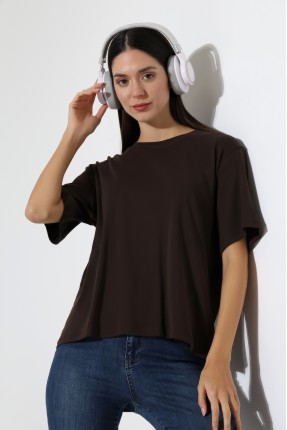 %100 Pamuk Ribana Kumaş Bisiklet Yaka Kısa Kol Oversize Basic Düz Kadın T-Shirt 21964 KAHVE