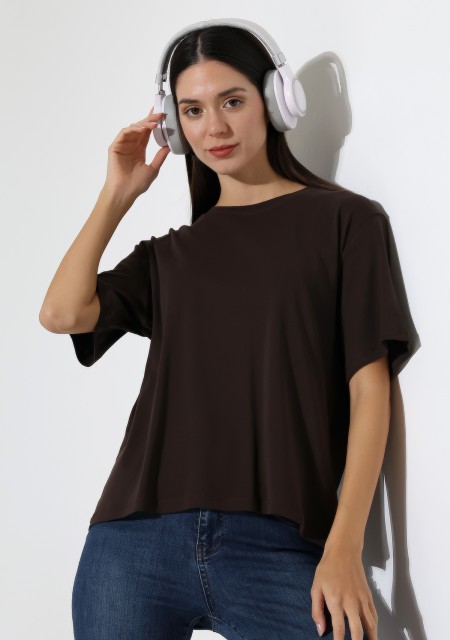 %100 Pamuk Ribana Kumaş Bisiklet Yaka Kısa Kol Oversize Basic Düz Kadın T-Shirt 21964 KAHVE