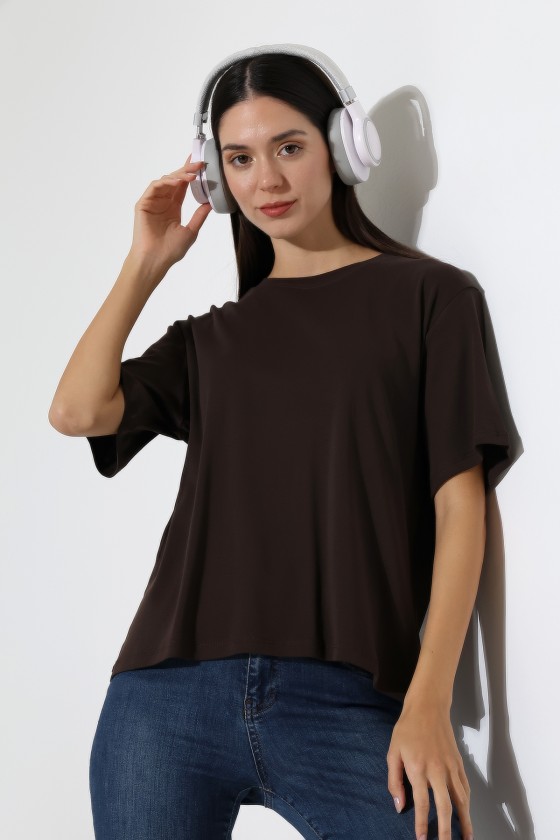 %100 Pamuk Ribana Kumaş Bisiklet Yaka Kısa Kol Oversize Basic Düz Kadın T-Shirt 21964 KAHVE