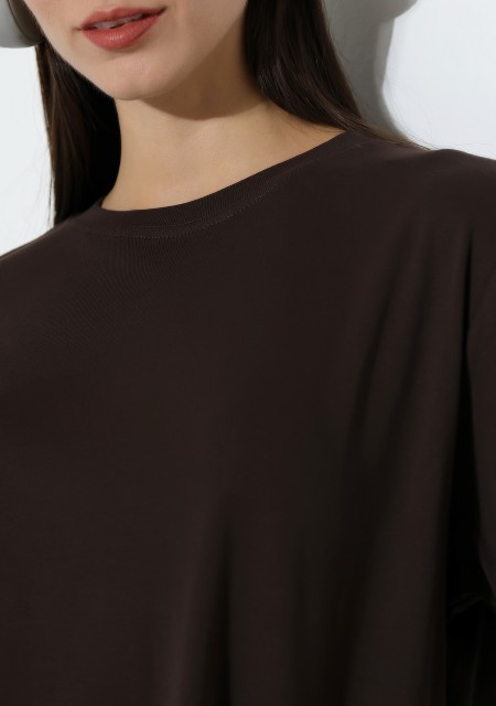 %100 Pamuk Ribana Kumaş Bisiklet Yaka Kısa Kol Oversize Basic Düz Kadın T-Shirt 21964 KAHVE