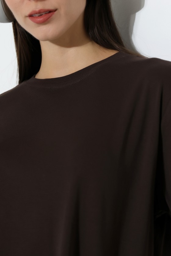%100 Pamuk Ribana Kumaş Bisiklet Yaka Kısa Kol Oversize Basic Düz Kadın T-Shirt 21964 KAHVE