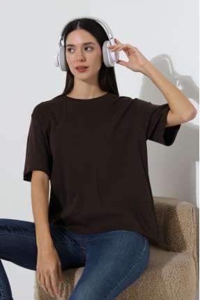%100 Pamuk Ribana Kumaş Bisiklet Yaka Kısa Kol Oversize Basic Düz Kadın T-Shirt 21964 KAHVE