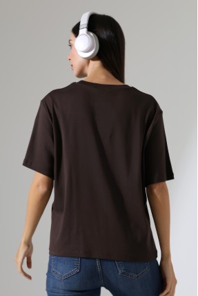%100 Pamuk Ribana Kumaş Bisiklet Yaka Kısa Kol Oversize Basic Düz Kadın T-Shirt 21964 KAHVE