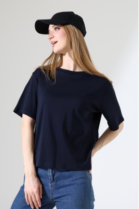 %100 Pamuk Ribana Kumaş Bisiklet Yaka Kısa Kol Oversize Basic Düz Kadın T-Shirt 21964 LACİVERT