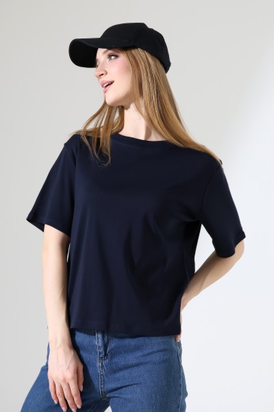 %100 Pamuk Ribana Kumaş Bisiklet Yaka Kısa Kol Oversize Basic Düz Kadın T-Shirt 21964 LACİVERT