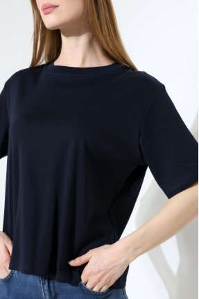%100 Pamuk Ribana Kumaş Bisiklet Yaka Kısa Kol Oversize Basic Düz Kadın T-Shirt 21964 LACİVERT