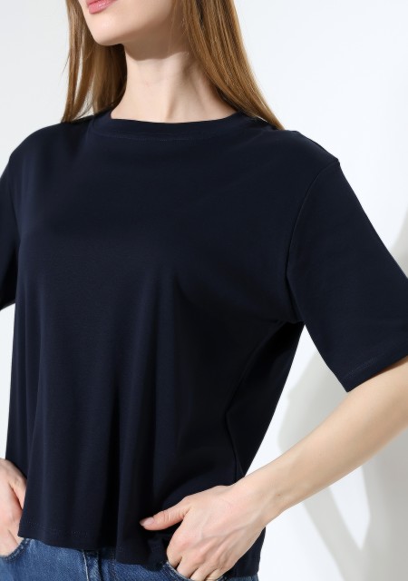%100 Pamuk Ribana Kumaş Bisiklet Yaka Kısa Kol Oversize Basic Düz Kadın T-Shirt 21964 LACİVERT