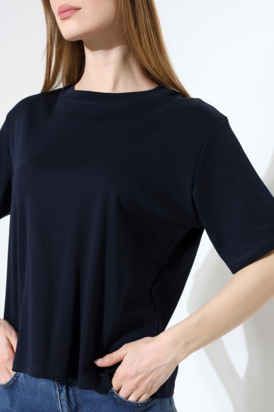 %100 Pamuk Ribana Kumaş Bisiklet Yaka Kısa Kol Oversize Basic Düz Kadın T-Shirt 21964 LACİVERT