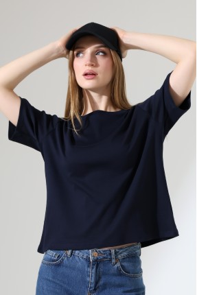 %100 Pamuk Ribana Kumaş Bisiklet Yaka Kısa Kol Oversize Basic Düz Kadın T-Shirt 21964 LACİVERT