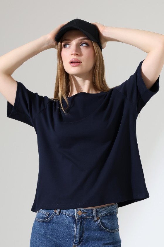 %100 Pamuk Ribana Kumaş Bisiklet Yaka Kısa Kol Oversize Basic Düz Kadın T-Shirt 21964 LACİVERT