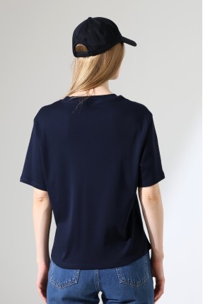 %100 Pamuk Ribana Kumaş Bisiklet Yaka Kısa Kol Oversize Basic Düz Kadın T-Shirt 21964 LACİVERT