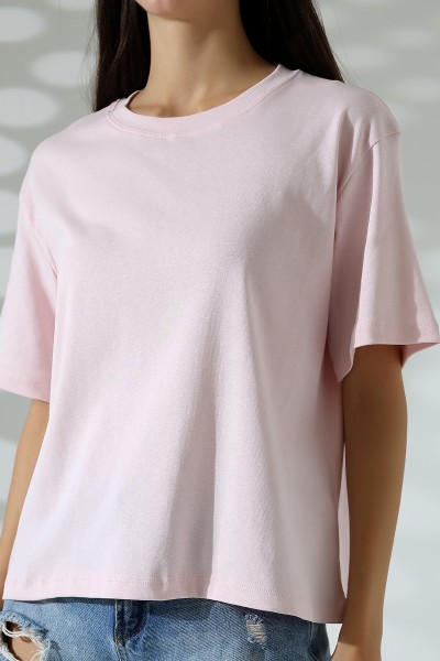 %100 Pamuk Ribana Kumaş Bisiklet Yaka Kısa Kol Oversize Basic Düz Kadın T-Shirt 21964 PUDRA