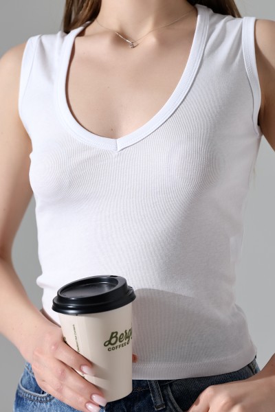 %100 Pamuk Vücudu Saran Kalın Askılı Derin V Yaka Kadın Basic Atlet 21899 BEYAZ