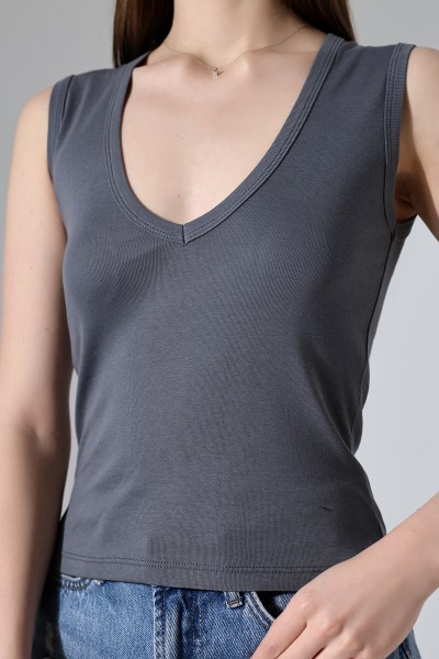 %100 Pamuk Vücudu Saran Kalın Askılı Derin V Yaka Kadın Basic Atlet 21899 BOYALI GRİ