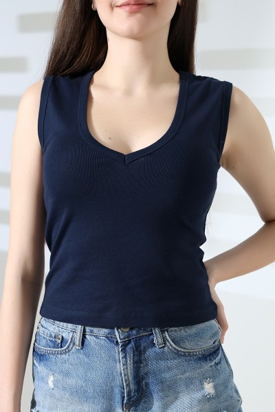 %100 Pamuk Vücudu Saran Kalın Askılı Derin V Yaka Kadın Basic Atlet 21899 LACİVERT