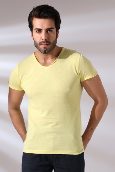 Pis Dikim V Yaka Flamlı T-Shirt 19958 AÇIK SARI Pis Dikim V Yaka Flamlı T-Shirt 19958 AÇIK SARI