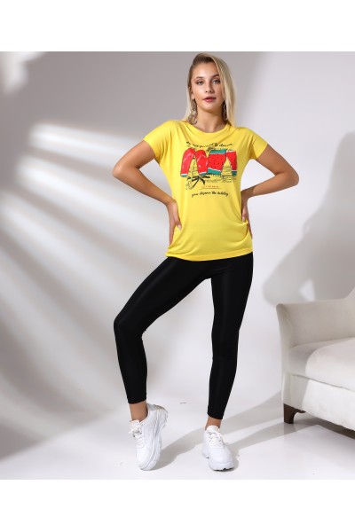 Bisiklet Yaka Kısa Kollu Normal Size Baskılı Basic Kadın T-Shirt 20479 AÇIK SARI