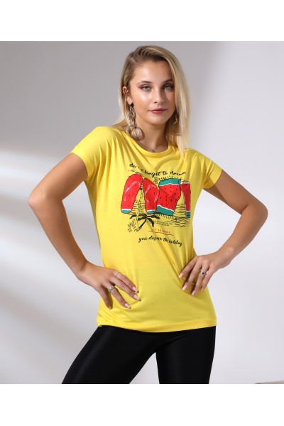 Bisiklet Yaka Kısa Kollu Normal Size Baskılı Basic Kadın T-Shirt 20479 AÇIK SARI